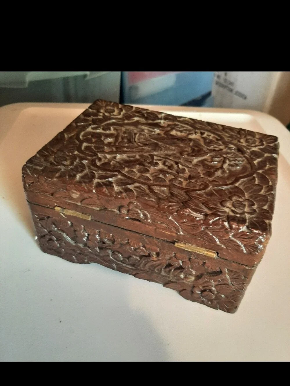 🛍Hand-Carved Wooden Jewelry Trinket Box With Floral & Bird Design